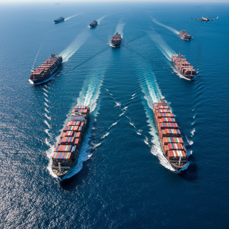 Aerial view of cargo vessels on the sea showing how systems track ships in the ocean across global maritime trade routes.