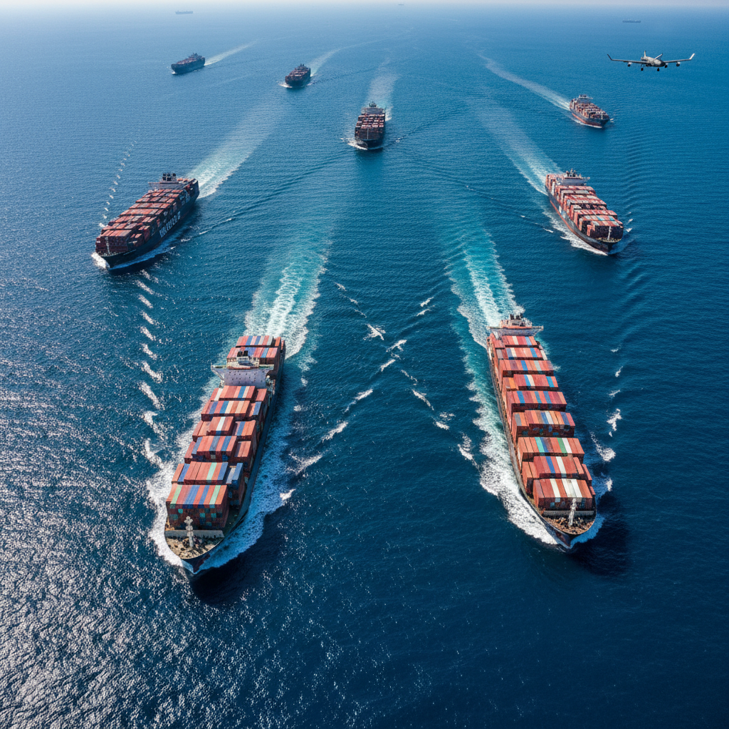 Aerial view of cargo vessels on the sea showing how systems track ships in the ocean across global maritime trade routes.