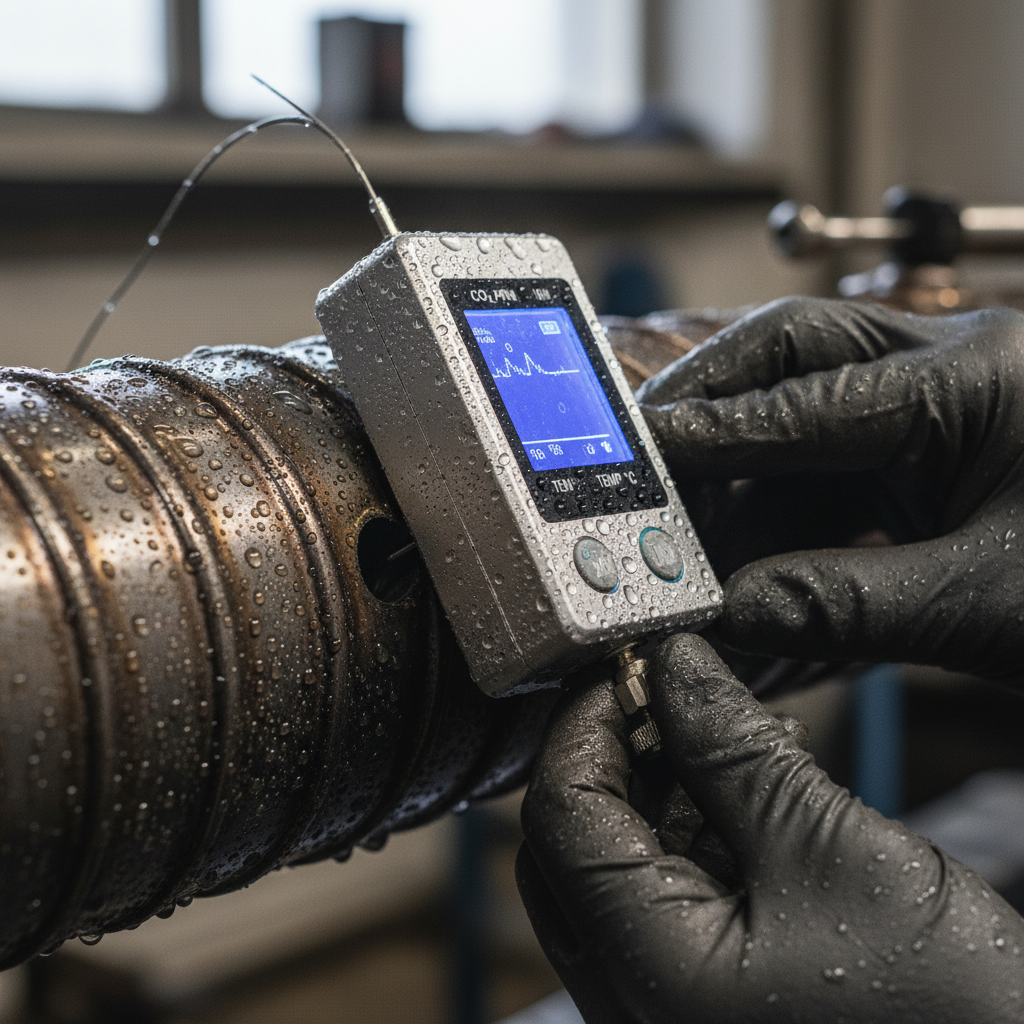 Technician measuring emissions with a sensor to analyze what is carbon footprint in a professional industrial setting.