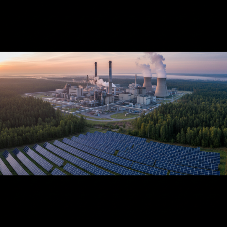 Industrial landscape with factories and solar panels explaining what is carbon footprint through energy production scale.