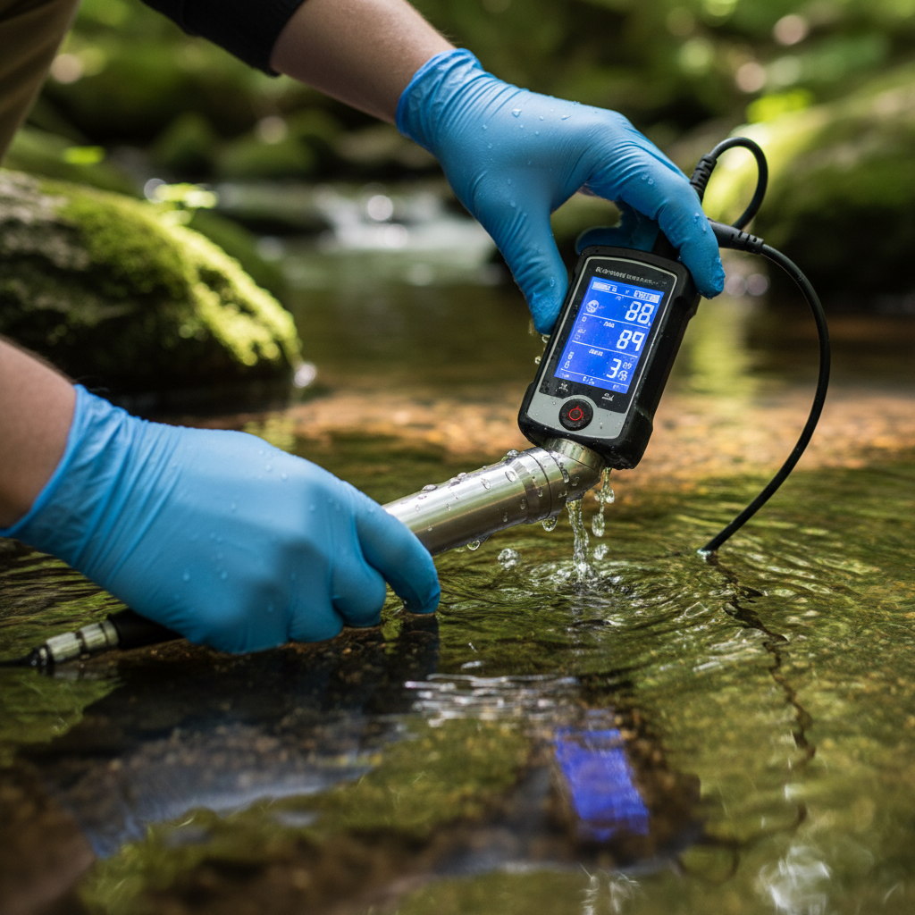 Close up of a water sensor probe showing what is environmental monitoring plan looks like during technical field sampling.