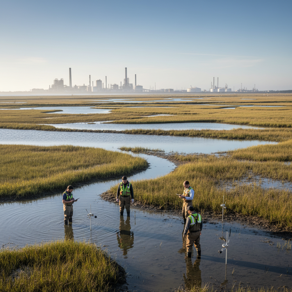 Wide view of scientists in a wetland illustrating what is environmental monitoring plan via large scale field data collection.