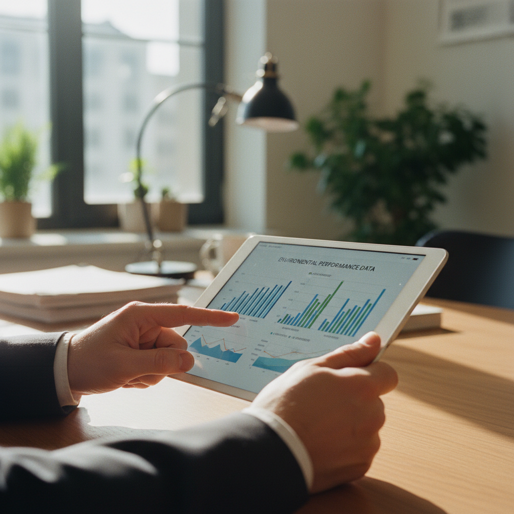 Close up of a professional analyzing environmental data on a tablet to see when is csrd reporting required for operations.