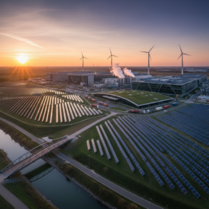 Wide view of a sustainable industrial plant with solar panels showing when is csrd reporting required for large companies.