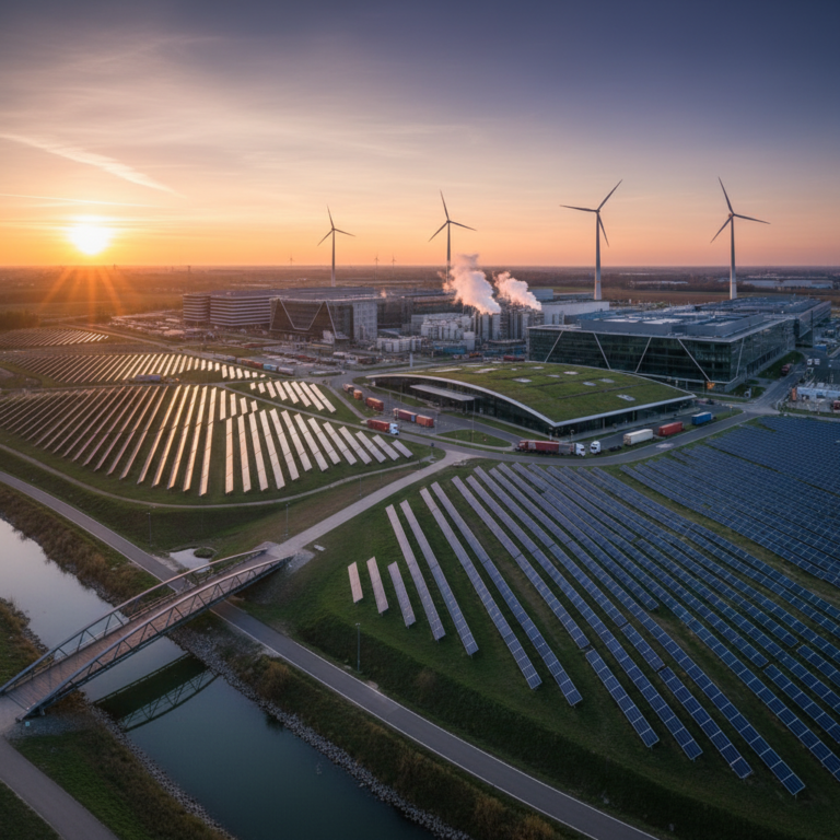 Wide view of a sustainable industrial plant with solar panels showing when is csrd reporting required for large companies.