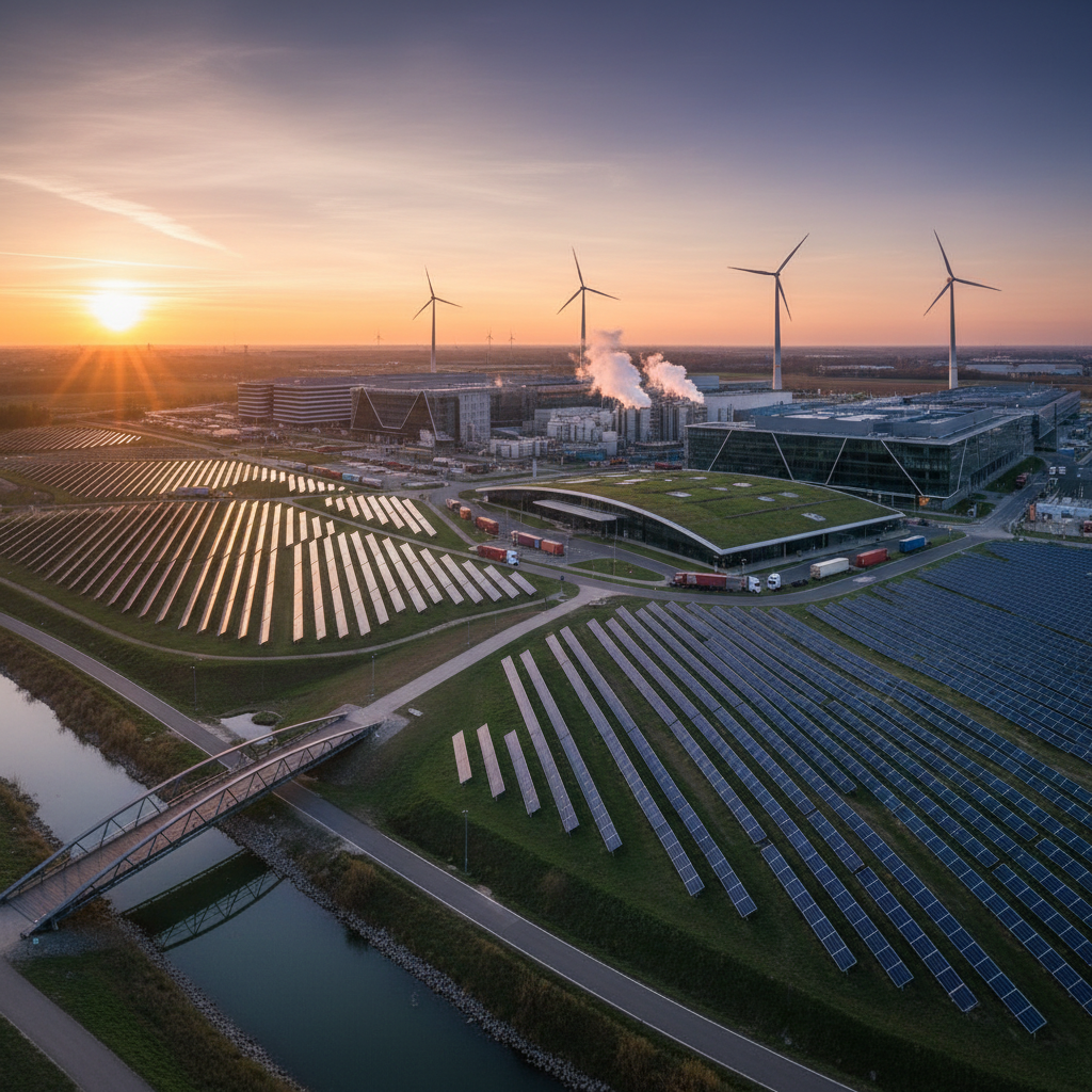 Wide view of a sustainable industrial plant with solar panels showing when is csrd reporting required for large companies.