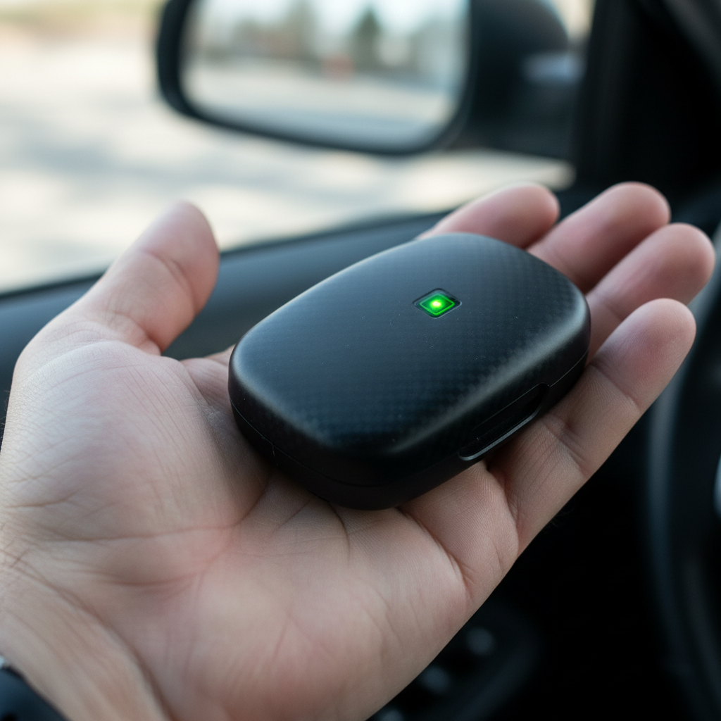 A person holds a compact GPS unit while researching where can i buy a tracking device for personal vehicle security.