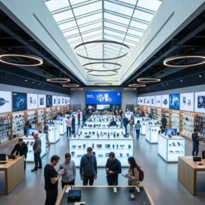 Wide view of a tech store interior for those wondering where can i buy a tracking device among rows of electronic gadgets.