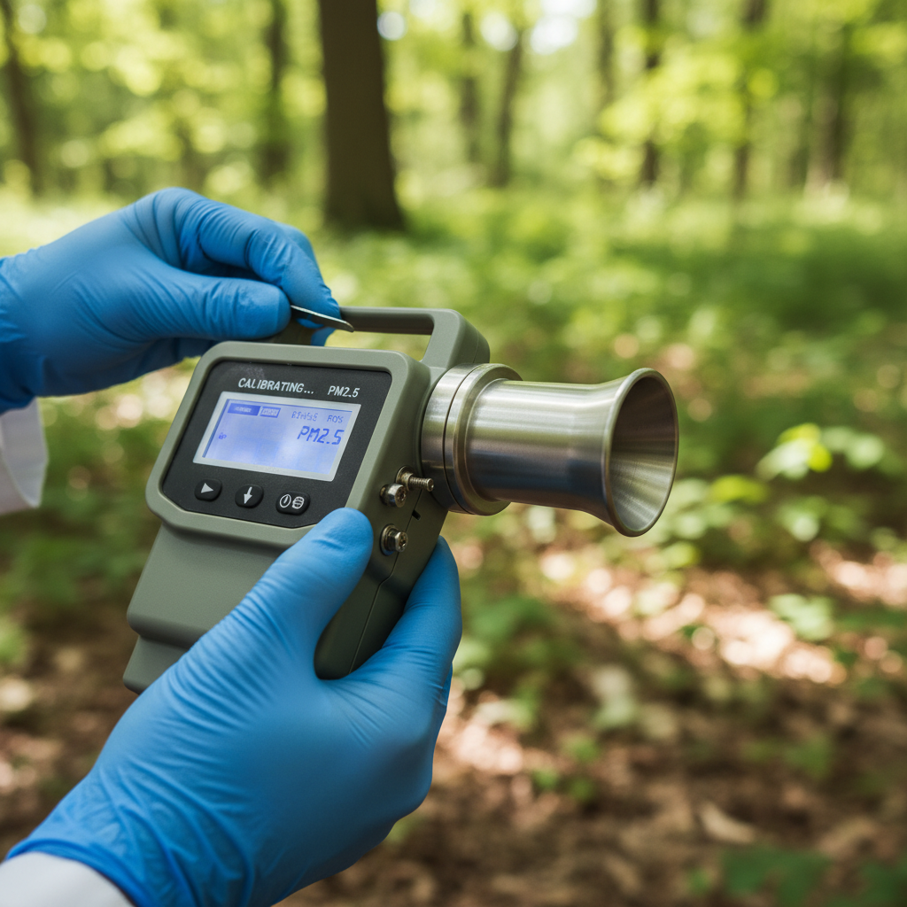 Close up of a technician using a portable air sampler per WHO guidelines for environmental monitoring in the field.