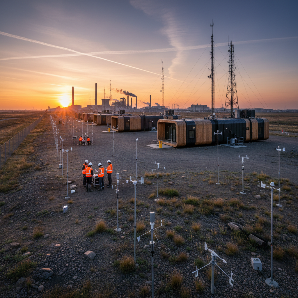 Wide view of a research station and sensors following WHO guidelines for environmental monitoring in an industrial area.