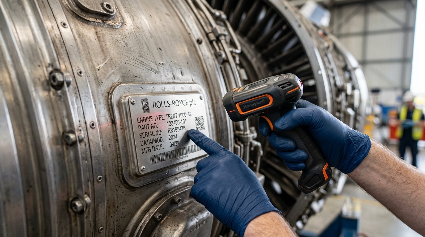 A close up of a technician scanning a serial number for precise aerospace asset identification on a metal engine part.