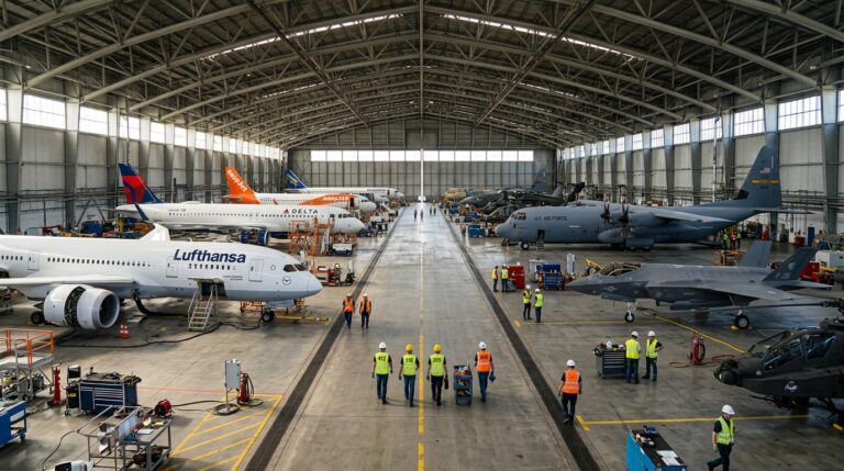 Wide view of a large hangar with multiple aircraft representing a complete system for aerospace asset identification.