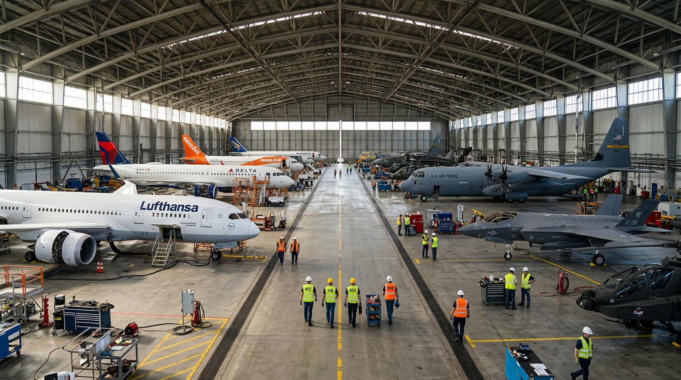 Wide view of a large hangar with multiple aircraft representing a complete system for aerospace asset identification.