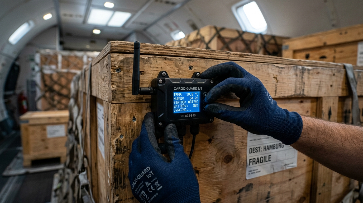 Close up of a technician checking a tracking sensor for air cargo condition monitoring on a shipping container.