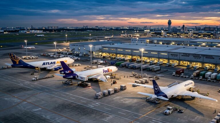 Wide view of an airport tarmac at night showing the scale of air cargo condition monitoring and logistics operations.