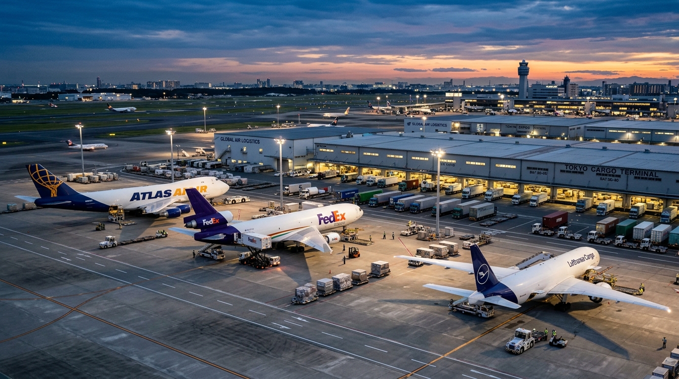 Wide view of an airport tarmac at night showing the scale of air cargo condition monitoring and logistics operations.