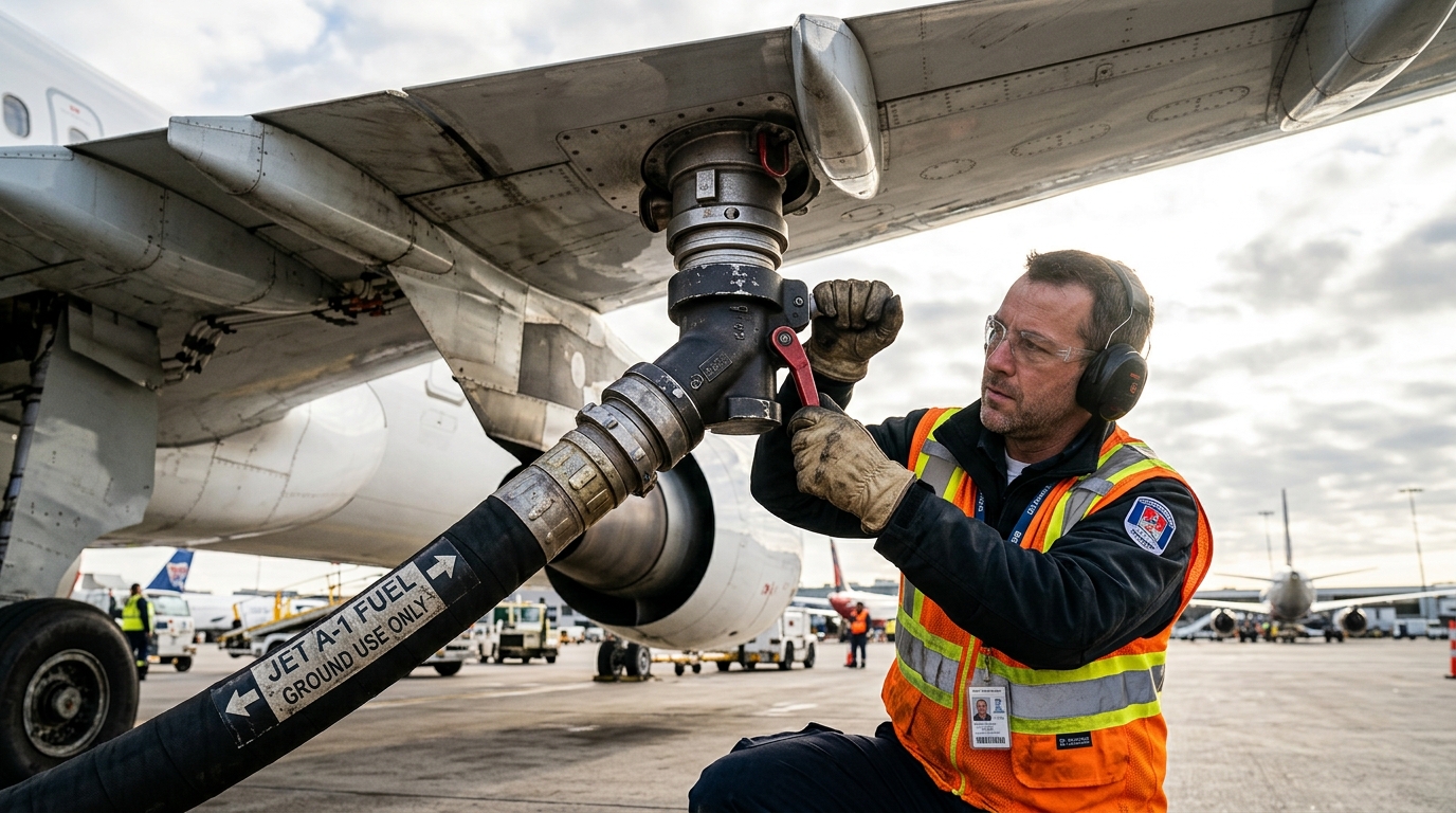 Close up of a technician refueling a jet wing during a process to optimize aircraft turnaround performance on the tarmac.