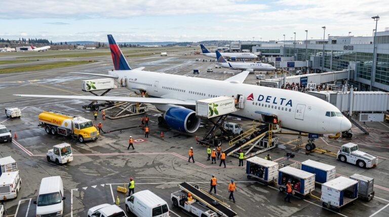 Wide shot of airport ground crews and vehicles around a parked plane to improve aircraft turnaround performance at the gate.