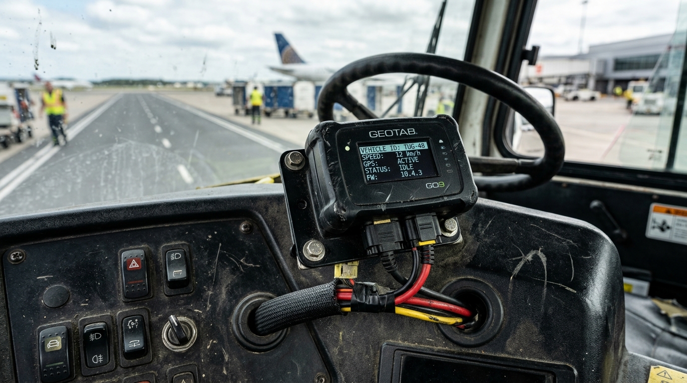 Close up of a professional airport telematics tracking device installed inside a ground support vehicle cabin.