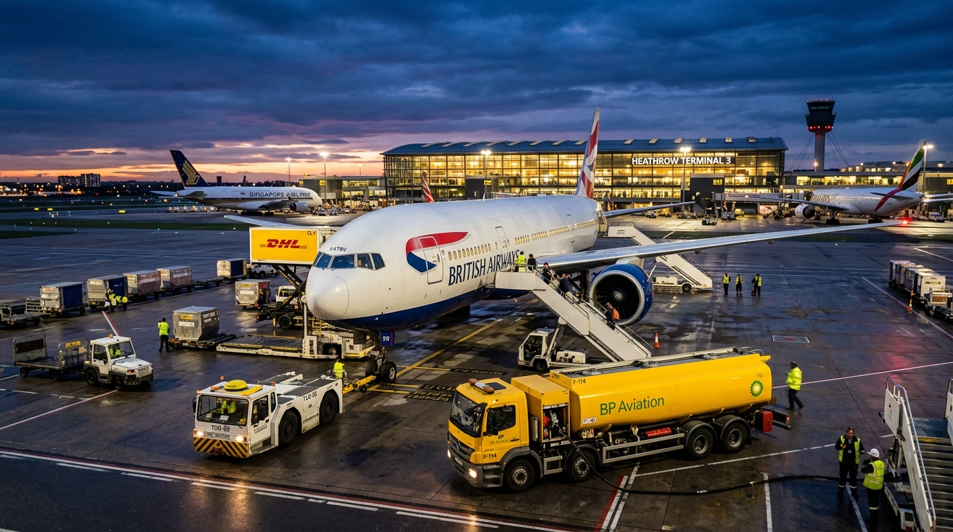 Wide view of airport telematics systems monitoring ground vehicles and aircraft on a busy tarmac during sunset.