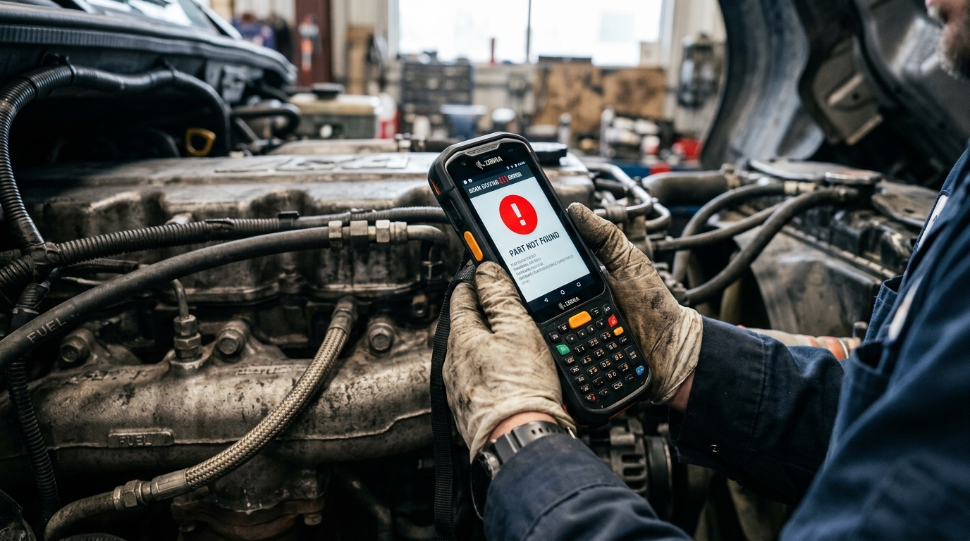 A close up of a digital scanner showing asset tracking alerts while a worker inspects technical machinery in a bright factory.