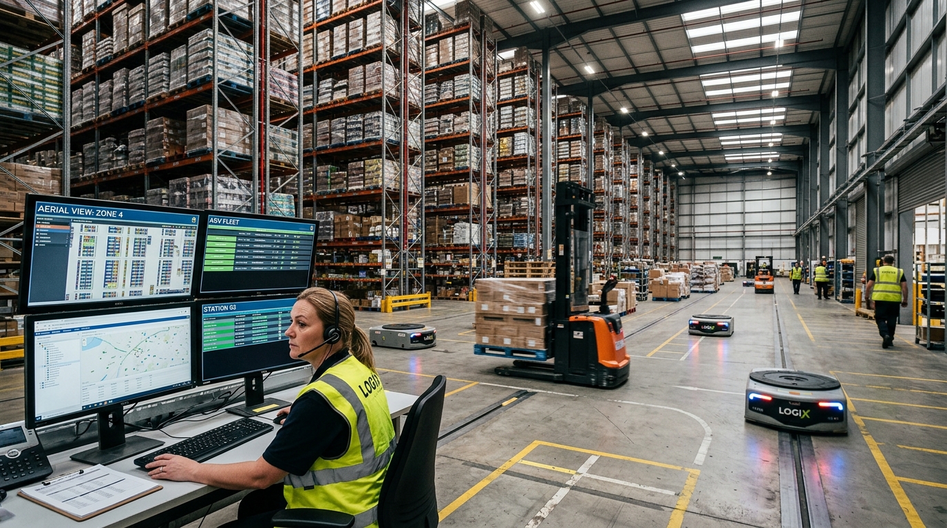 Wide view of a busy industrial warehouse using asset tracking alerts to manage large scale logistics and inventory equipment.