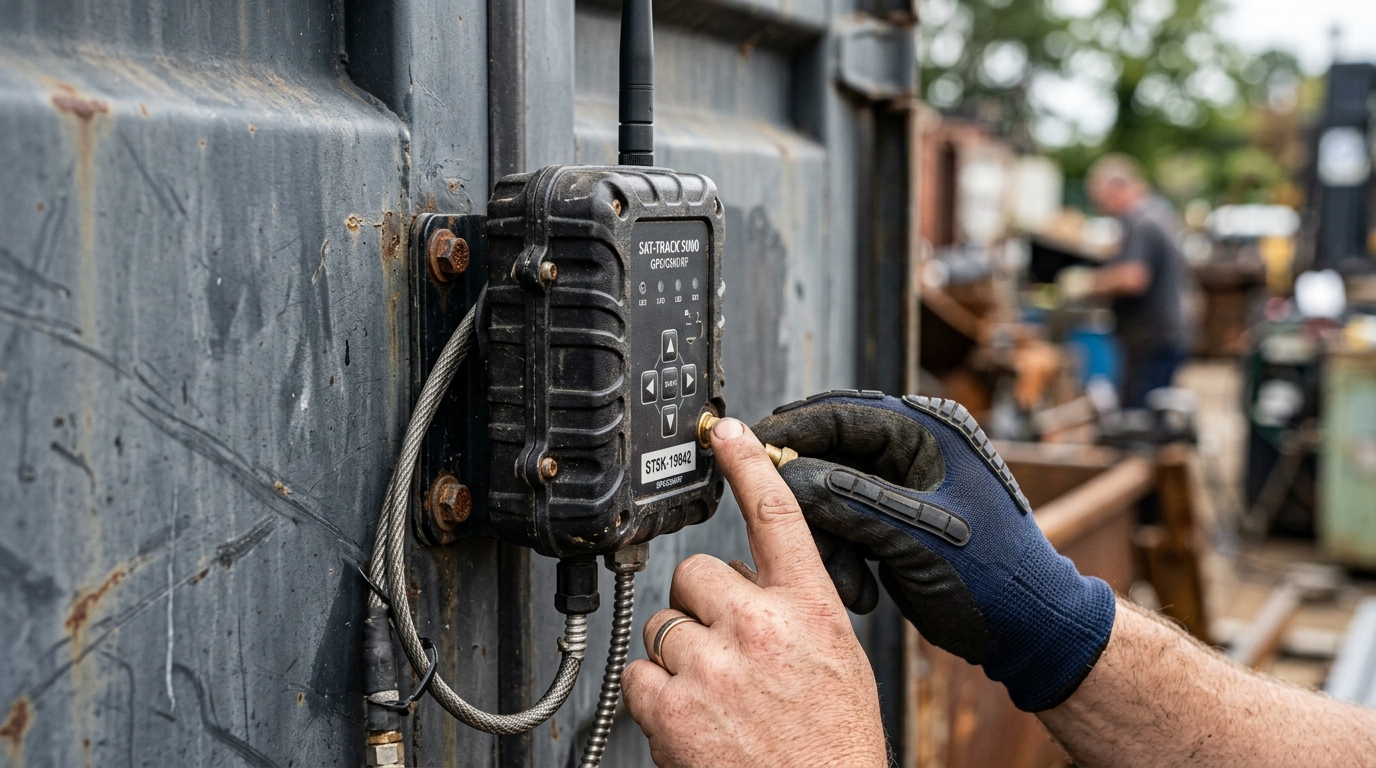 Close-up of a technician checking a smart sensor powered by an asset tracking API on industrial equipment.