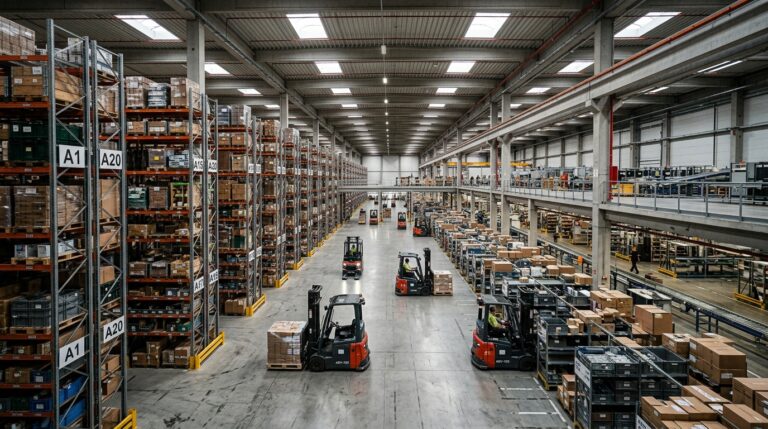Wide view of a warehouse using an asset tracking API to manage inventory and logistics movement in a large facility.