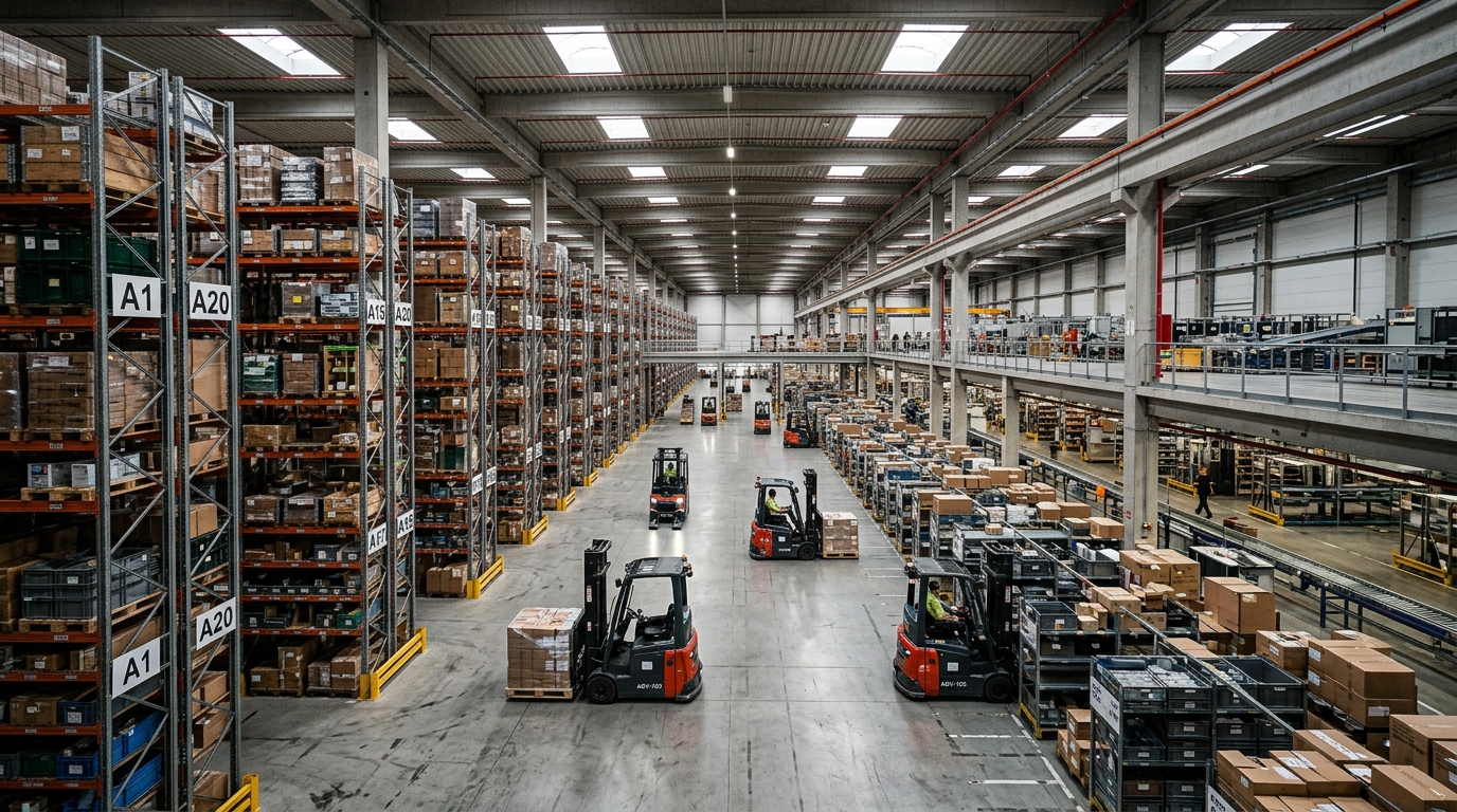 Wide view of a warehouse using an asset tracking API to manage inventory and logistics movement in a large facility.