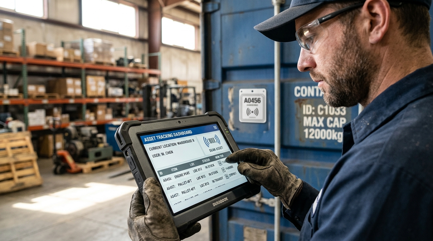 Close up of a tablet displaying an asset tracking dashboard held by a worker inside a bright distribution warehouse.
