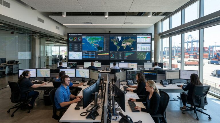 Modern logistics center showing a large asset tracking dashboard on a wall screen with panoramic industrial views.