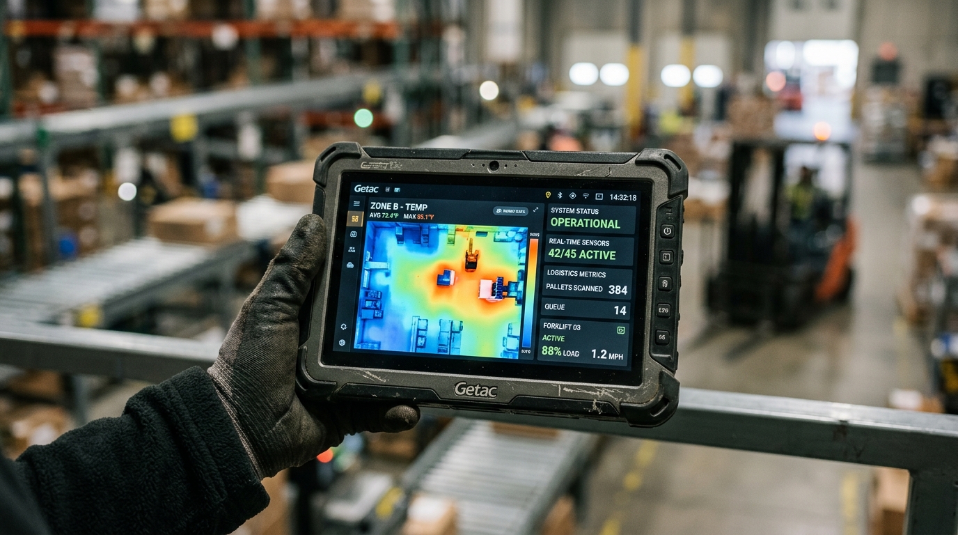 Close up of a digital tablet showing asset tracking data analytics for precise equipment monitoring in a technical setting.