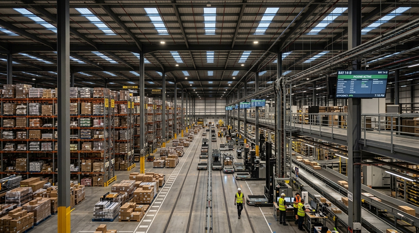 Wide view of a large smart warehouse using asset tracking data analytics to monitor global logistics and industrial inventory.