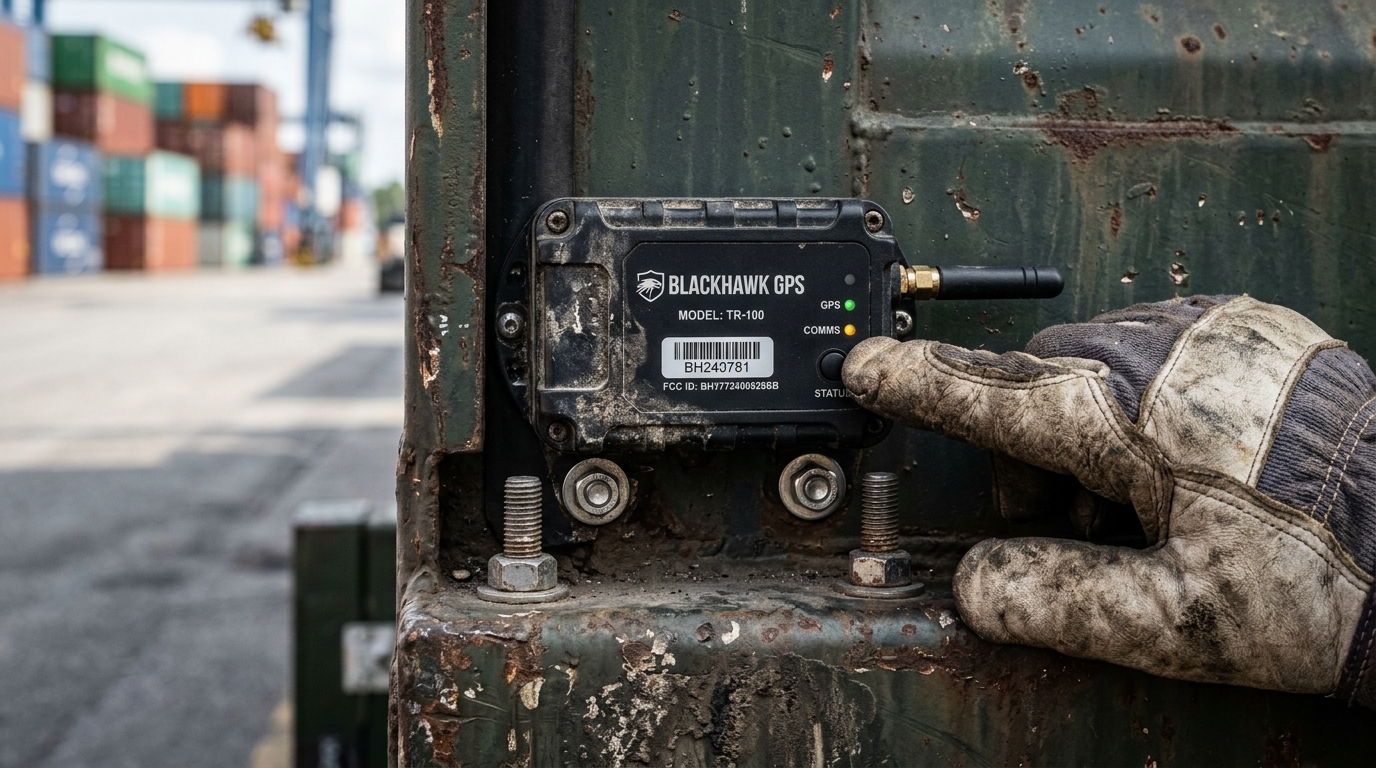 Close up of a rugged GPS sensor for asset tracking geofencing installed on industrial equipment in the field.