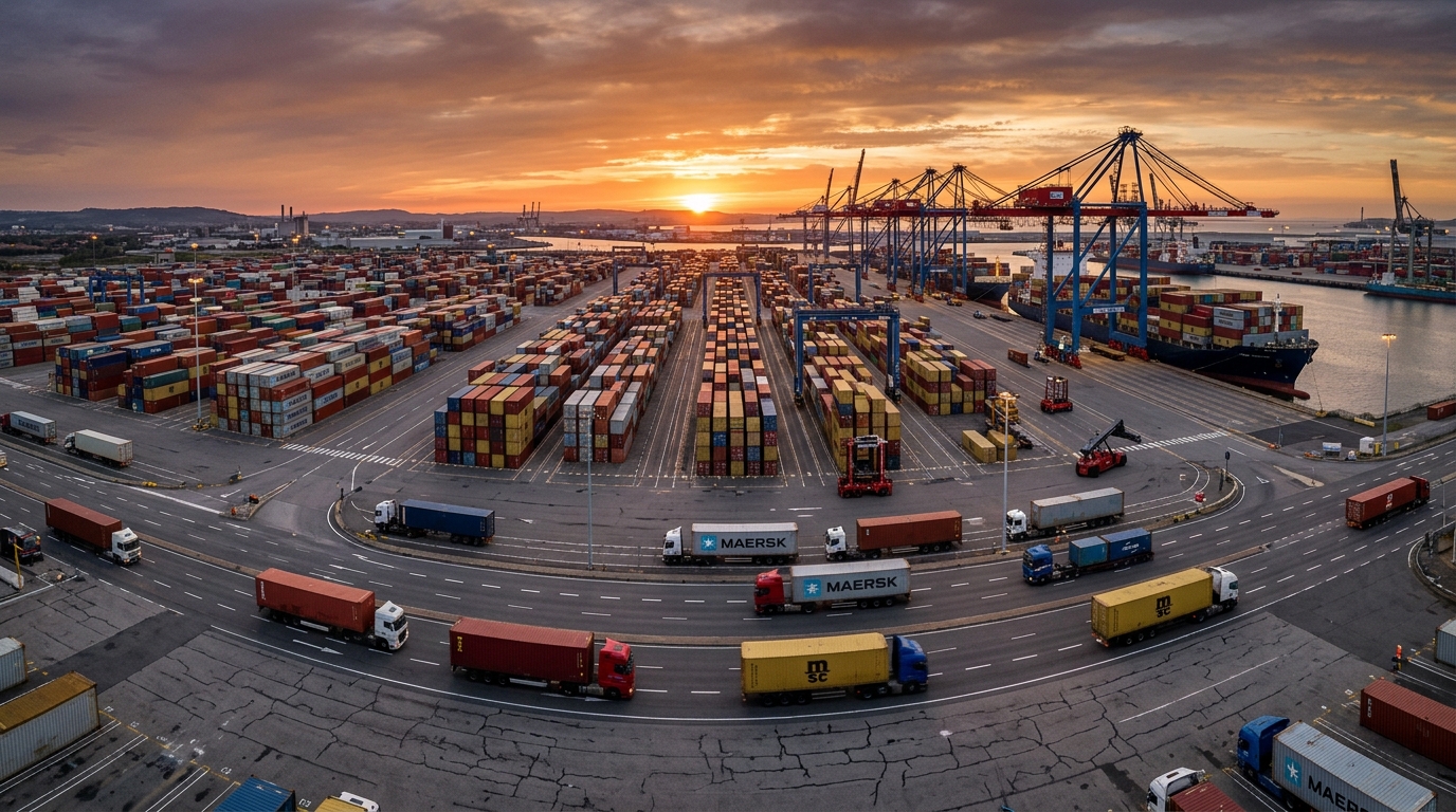 Wide view of a busy shipping terminal using asset tracking geofencing to manage container movements and logistics.