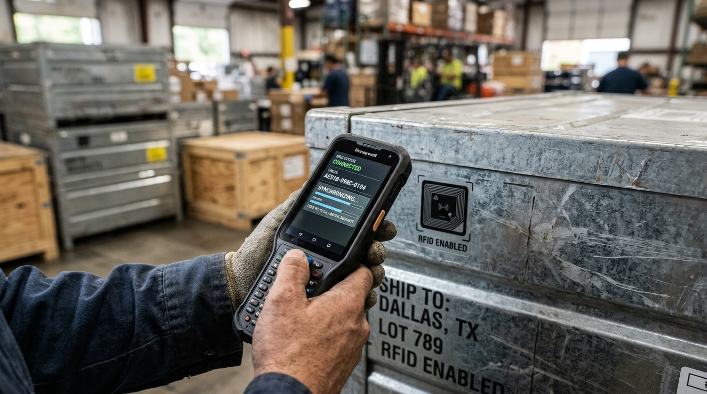 Close up of a worker using a digital scanner on a crate to demonstrate asset tracking integration in a technical setting.