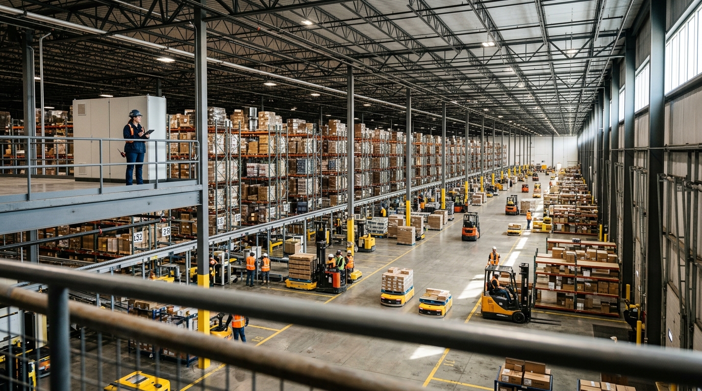 Wide view of a large industrial warehouse showing scale for asset tracking integration across a modern logistics facility.
