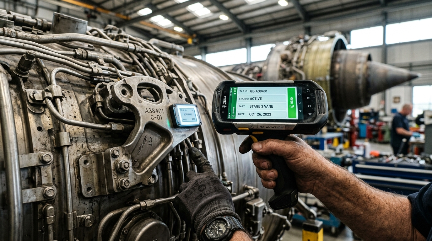 Close up of a technician scanning an engine part to gather asset tracking metrics for aviation maintenance data.