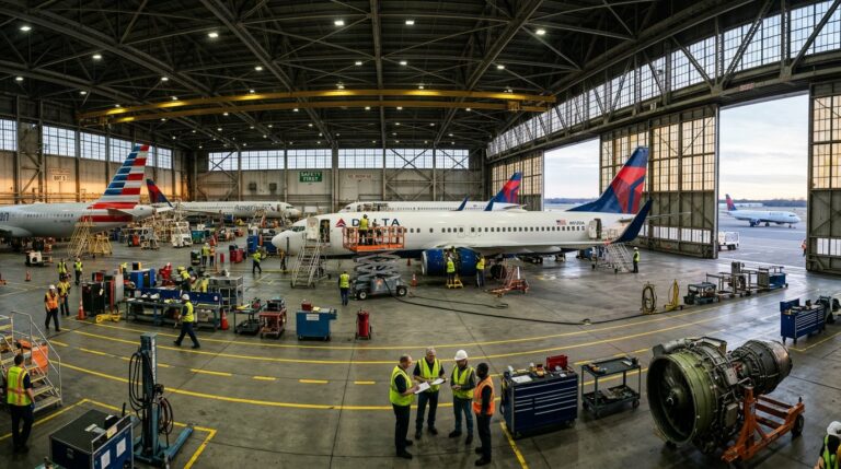 Wide view of a hangar showing aircraft and equipment for monitoring asset tracking metrics for aviation efficiency.
