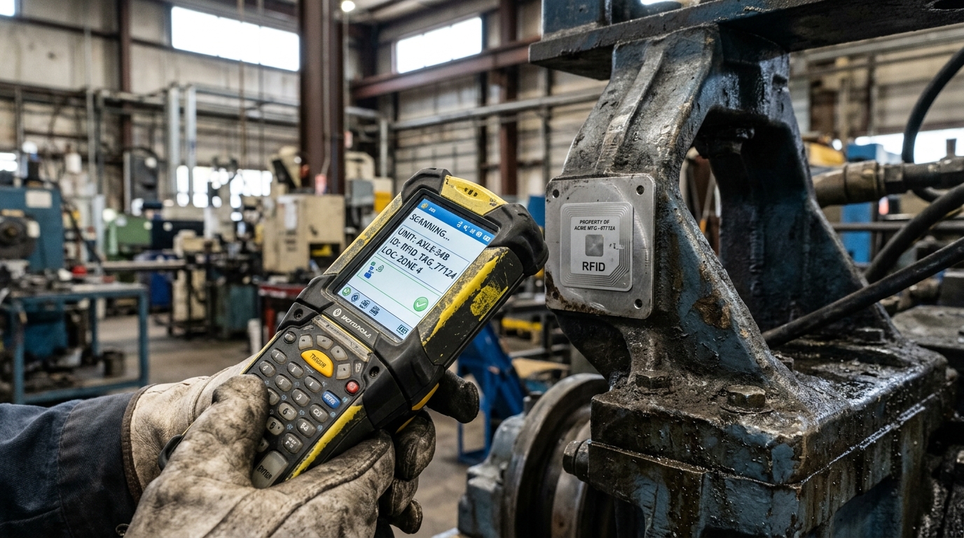Extreme close up of a worker scanning a digital tag using a mobile asset tracking platform in a technical environment.