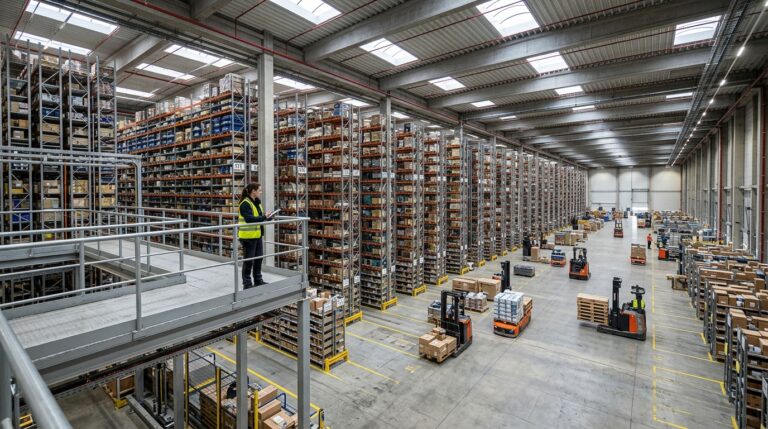 Wide view of a large warehouse where workers use an asset tracking platform to manage global inventory and logistics.