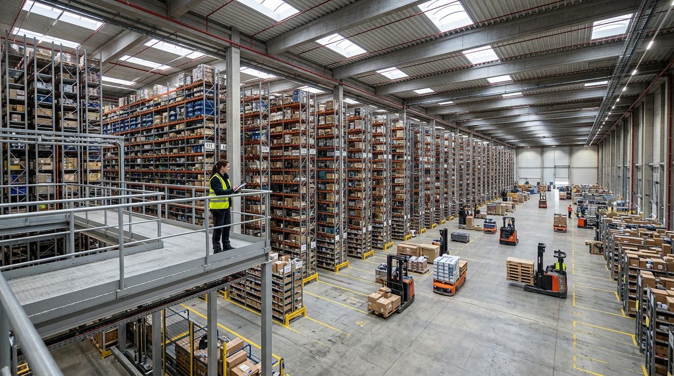 Wide view of a large warehouse where workers use an asset tracking platform to manage global inventory and logistics.