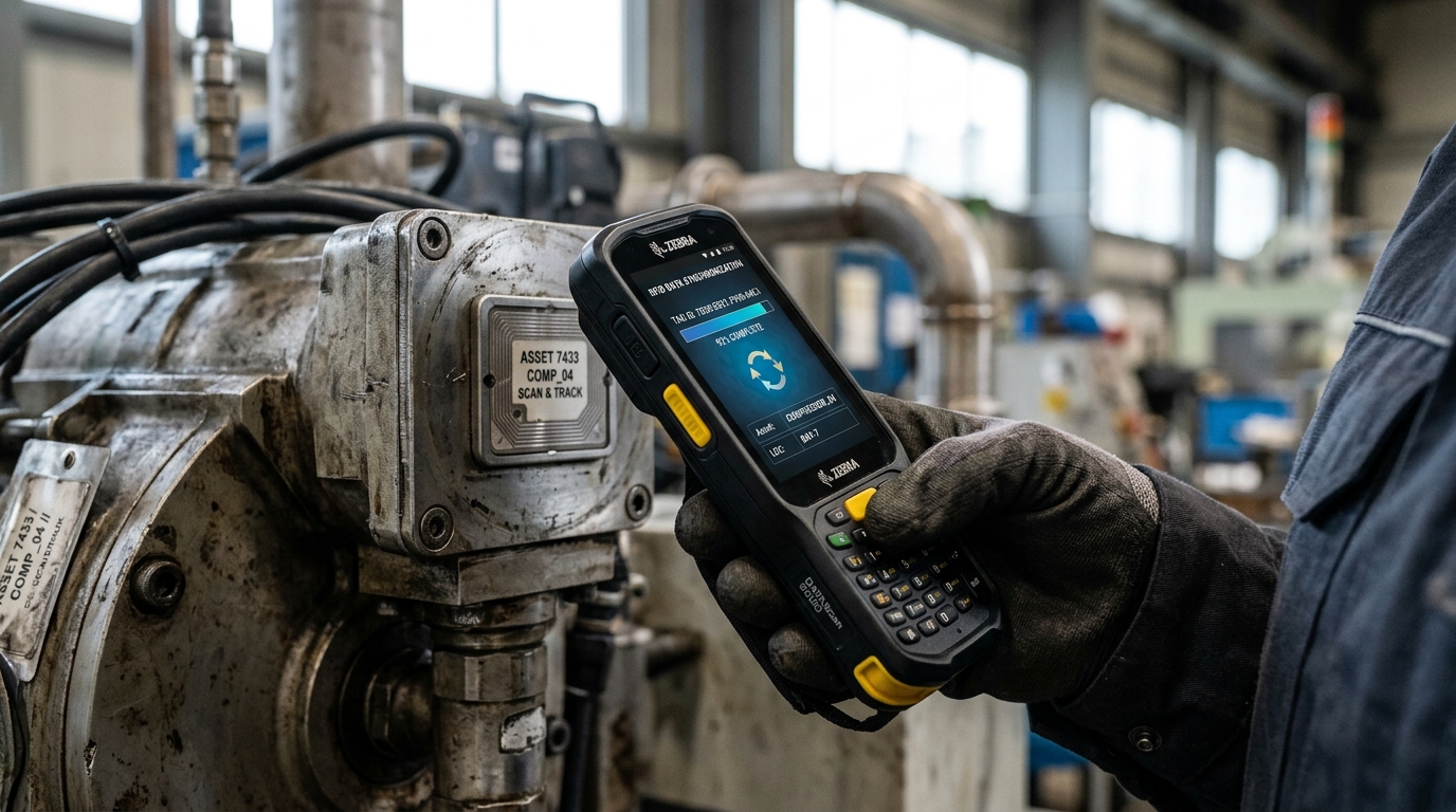 Close up of a handheld device performing asset tracking system integration by scanning an electronic tag on heavy machinery.