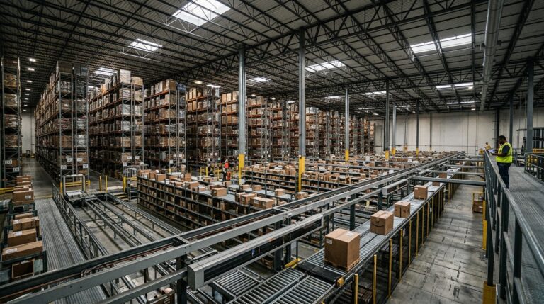 Wide view of a busy warehouse showing asset tracking system integration through automated logistics and digital monitoring.