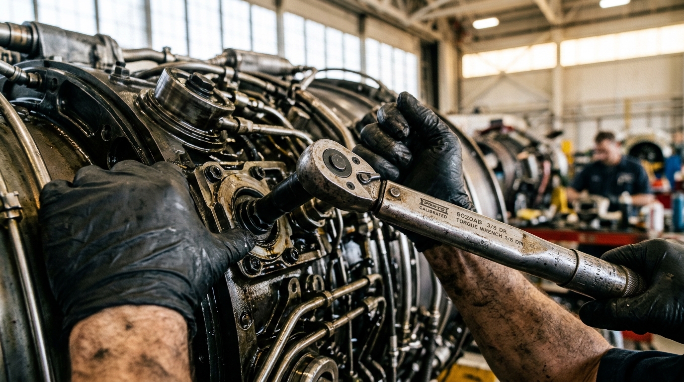 Close up of a mechanic inspecting an airplane engine to manage aviation asset recovery costs and part value.