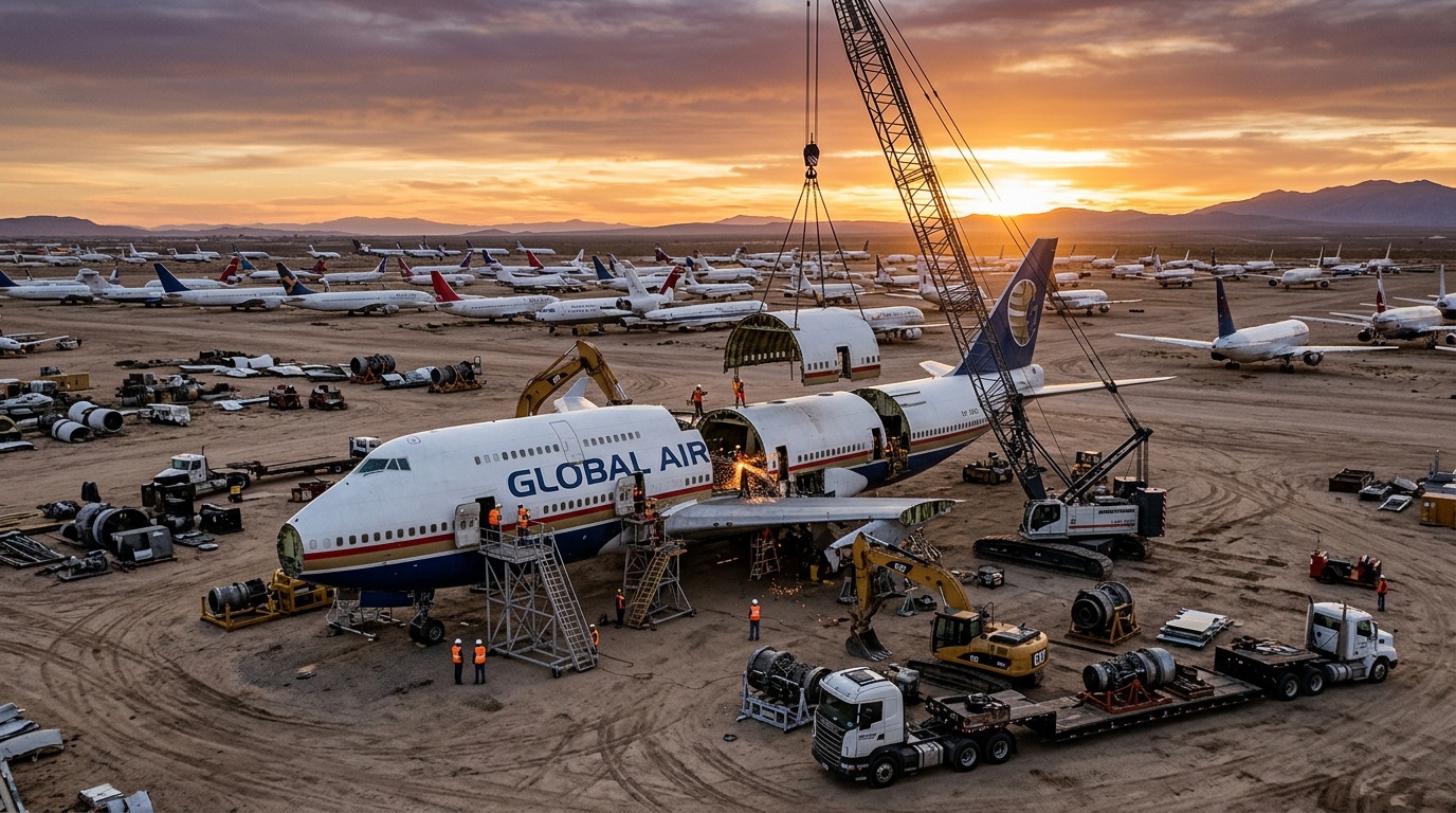 Wide view of aircraft stored in a desert facility representing aviation asset recovery costs and logistics.