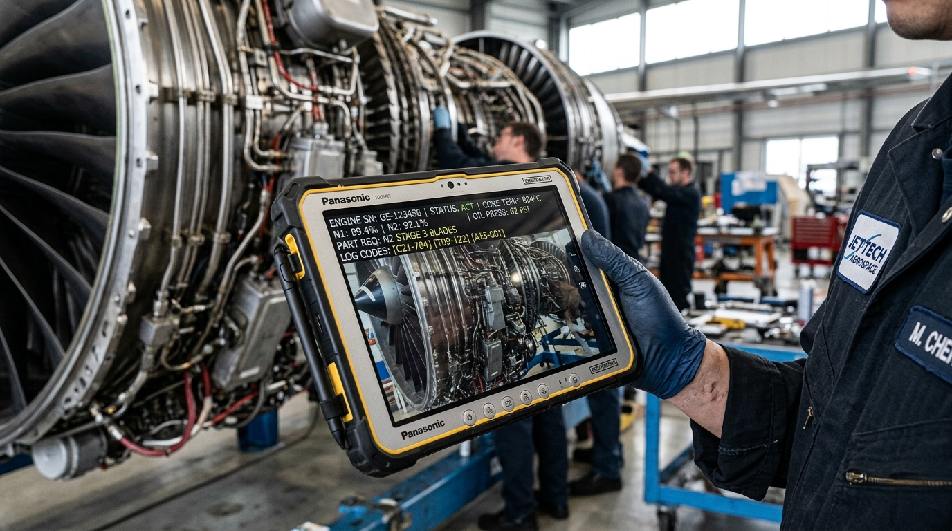 Close up of a technician using a digital tablet for aviation asset tracking KPIs near a jet engine in a hangar.
