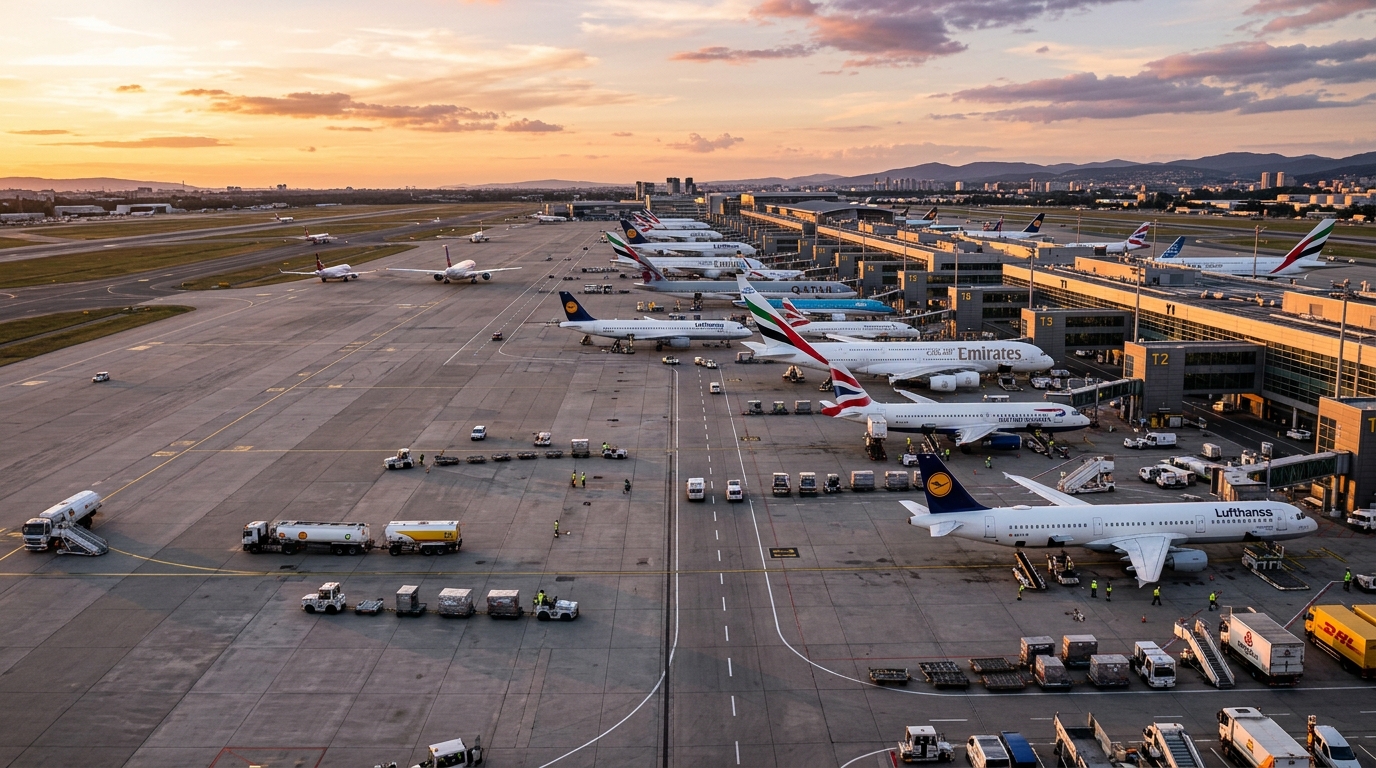 Wide view of airport tarmac and parked planes representing the scale of aviation asset tracking KPIs and fleet logistics.