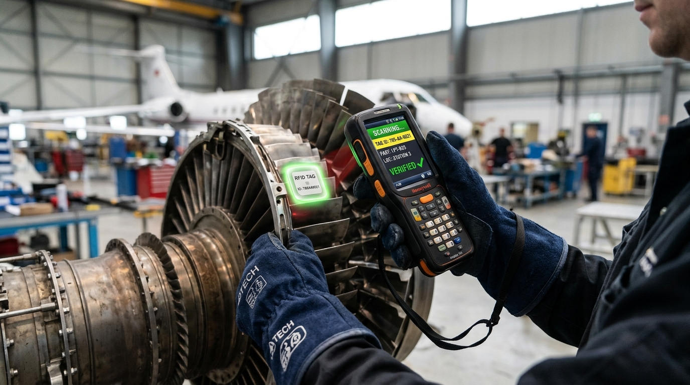 A technician scans engine parts to demonstrate aviation asset tracking productivity gains in a real world repair setting.