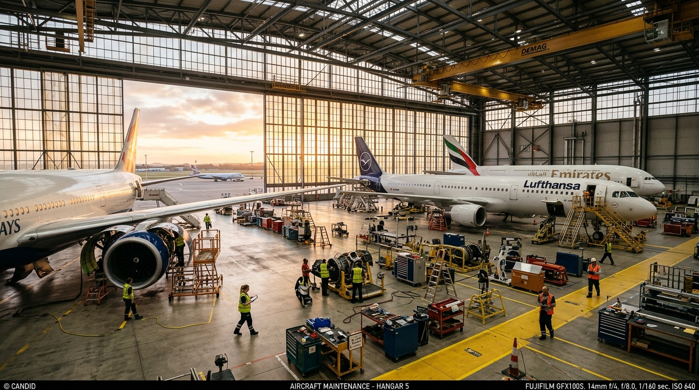 Wide view of a busy hangar showing how aviation asset tracking productivity gains optimize large scale fleet maintenance.